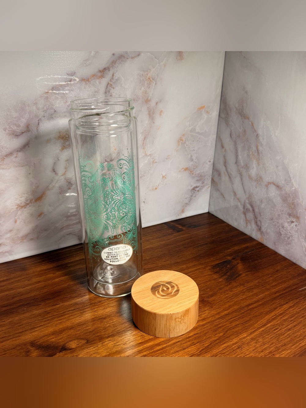 Apana Glass Water Bottle with Bamboo Lid - Teal Floral Mandela Design 20oz